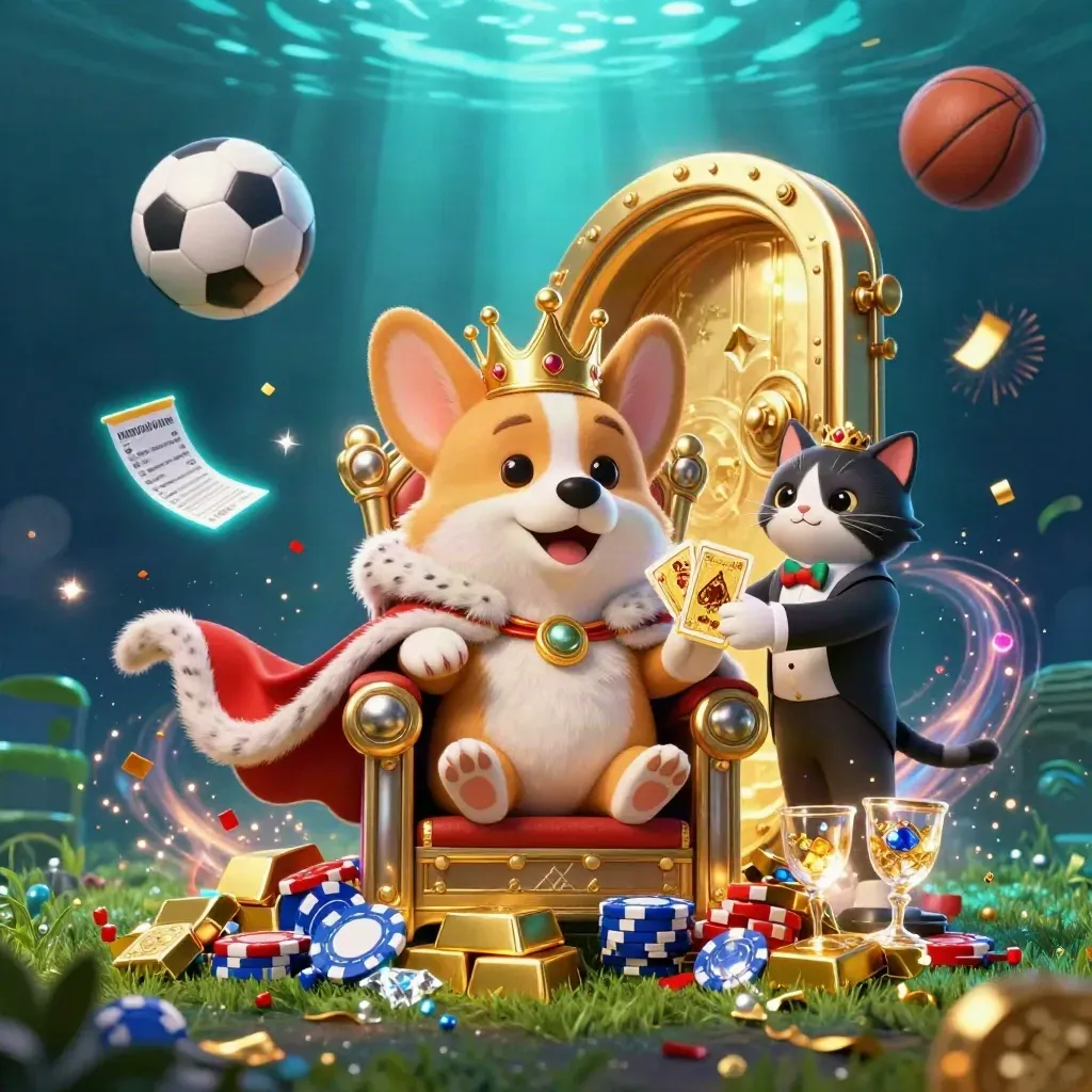 Kunglig corgi och kattbutler med pokermynt, fotboll och basket i neoncasino-stil.