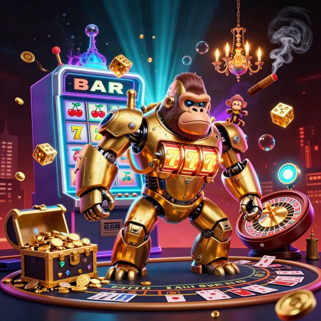 Gyllene gorillamek med slotrullar, liten apa och neonblått casinoljus.