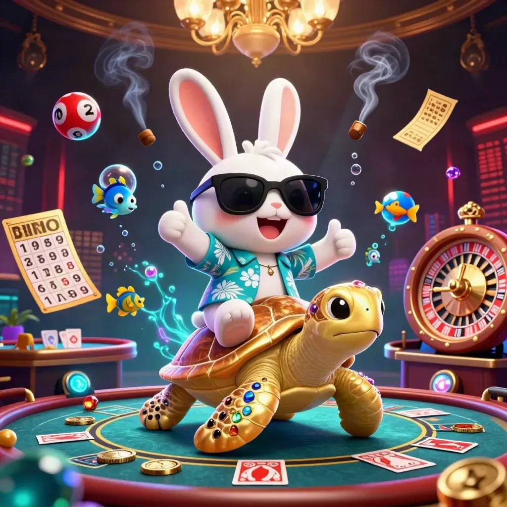 Lyckokanin på gyllene havssköldpadda i neonkasino med spelhjul och bubblor.
