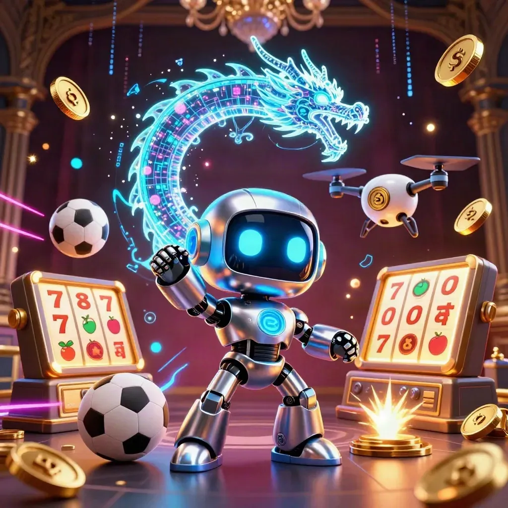 Robot, digital drake och drönare bland sportbollar, guld och neonblå energi